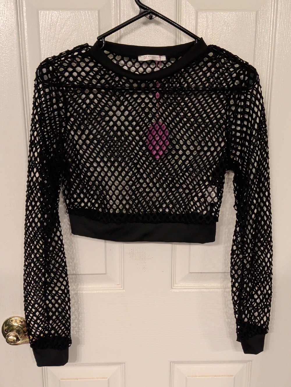 Black Fishnet Long-Sleeve Crop Top by AK Anne Klein